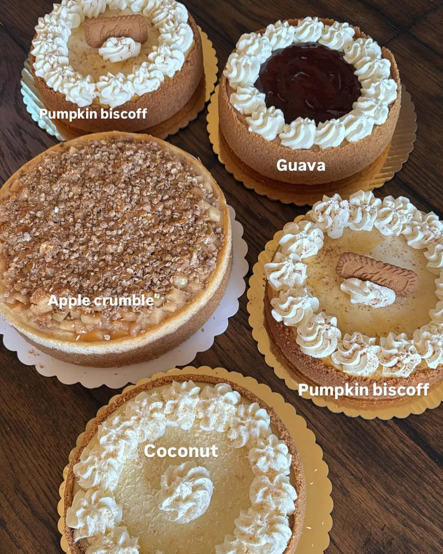 An assortment of cheesecakes including pumpkin Biscoff, guava, apple crumble and coconut.